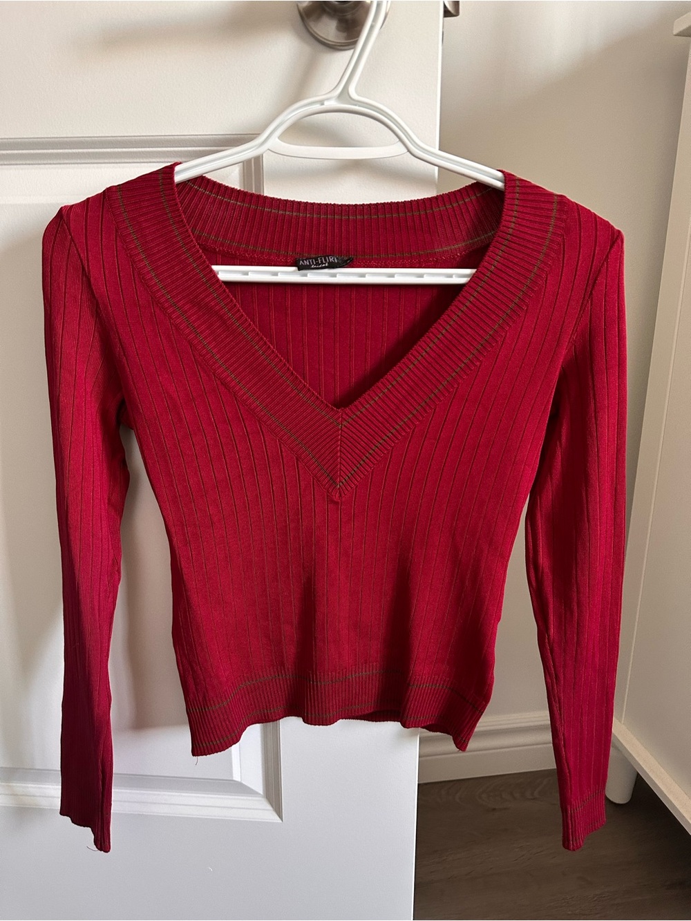 Vintage Deep Red Ribbed V-Neck Sweater